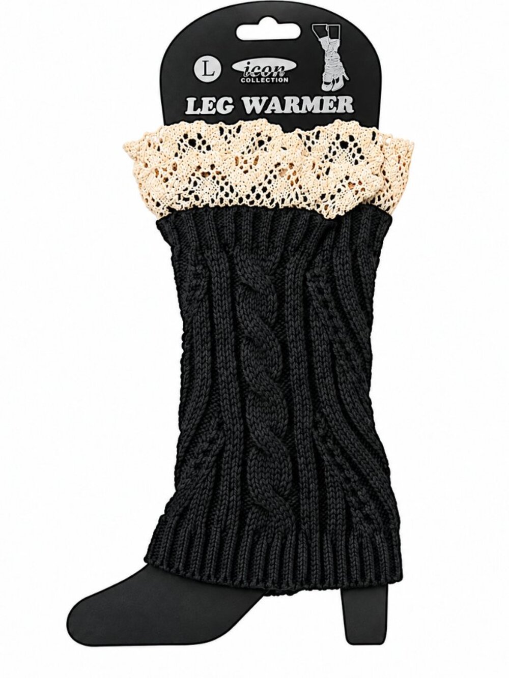 Icon Collection Black Cable Knit Leg Warmers Cream Crochet Lace Trim Size L NWT